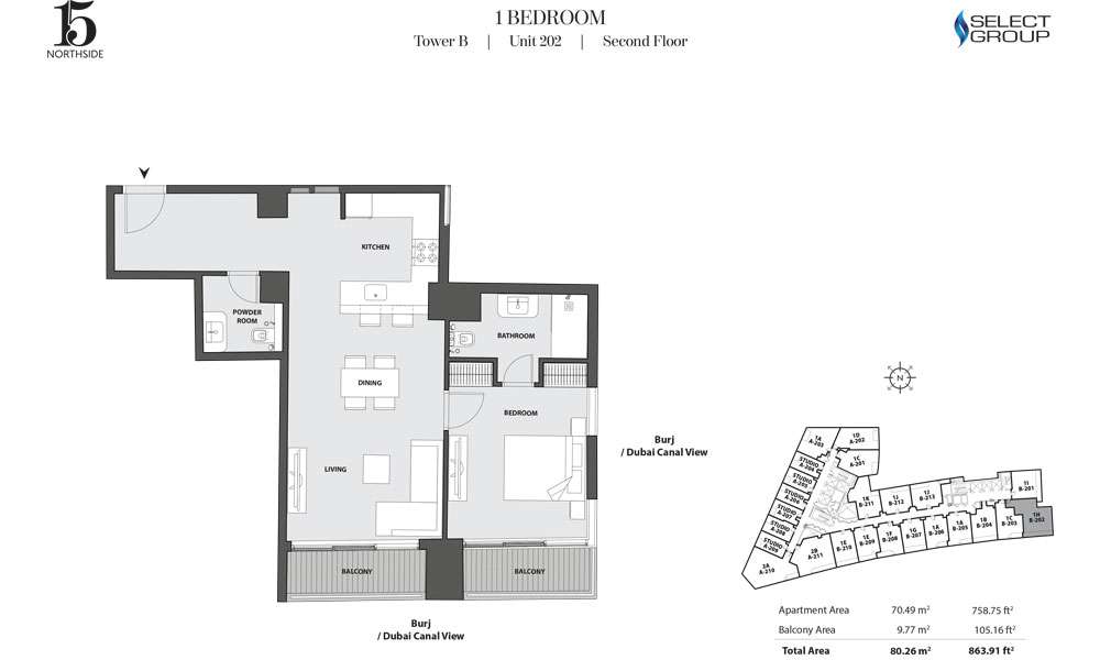Tower B, 1 Bedroom, Unit 202, Second Floor